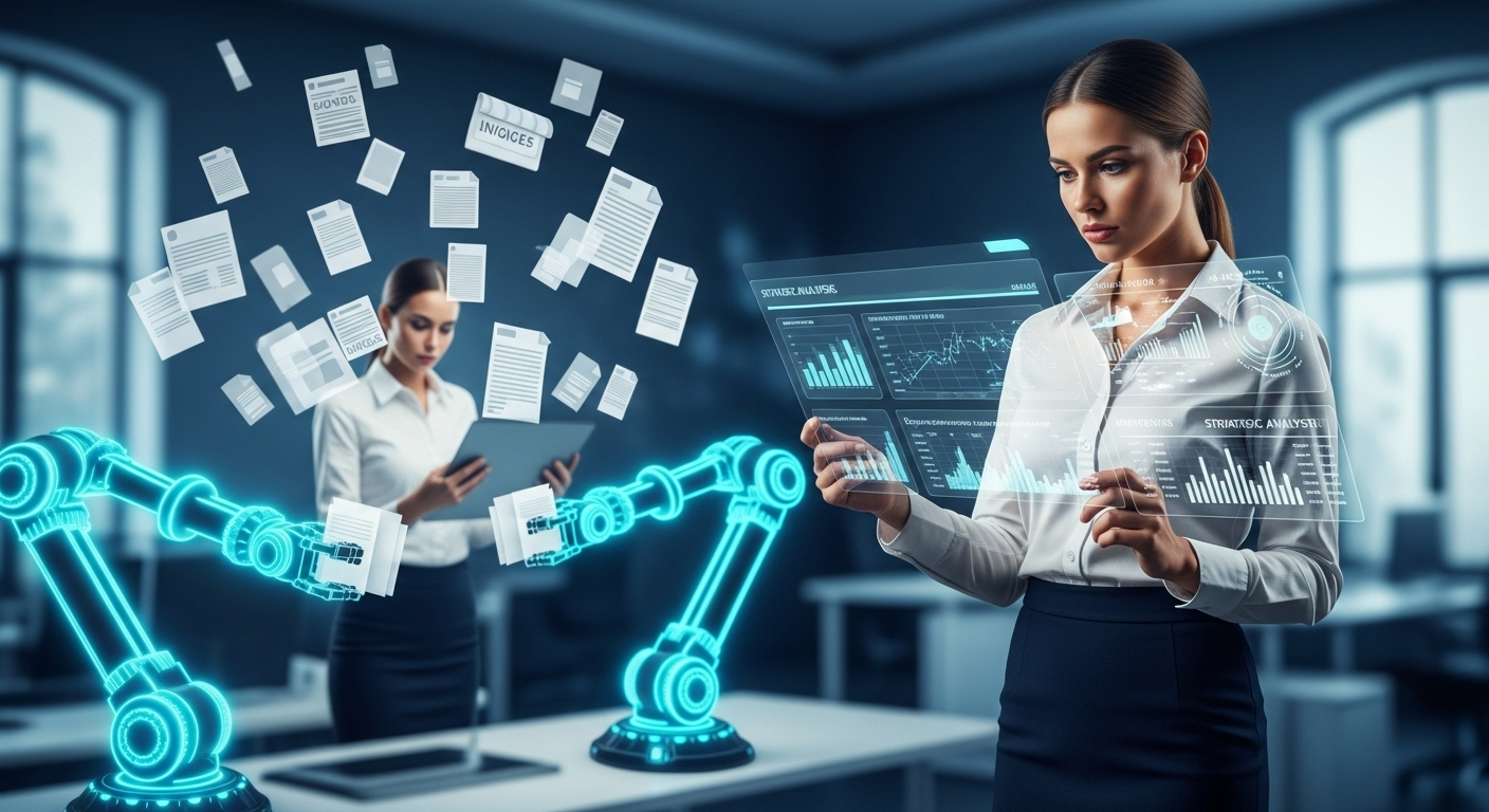 Funcionário focado em estratégia enquanto um robô organiza processos administrativos ao fundo.