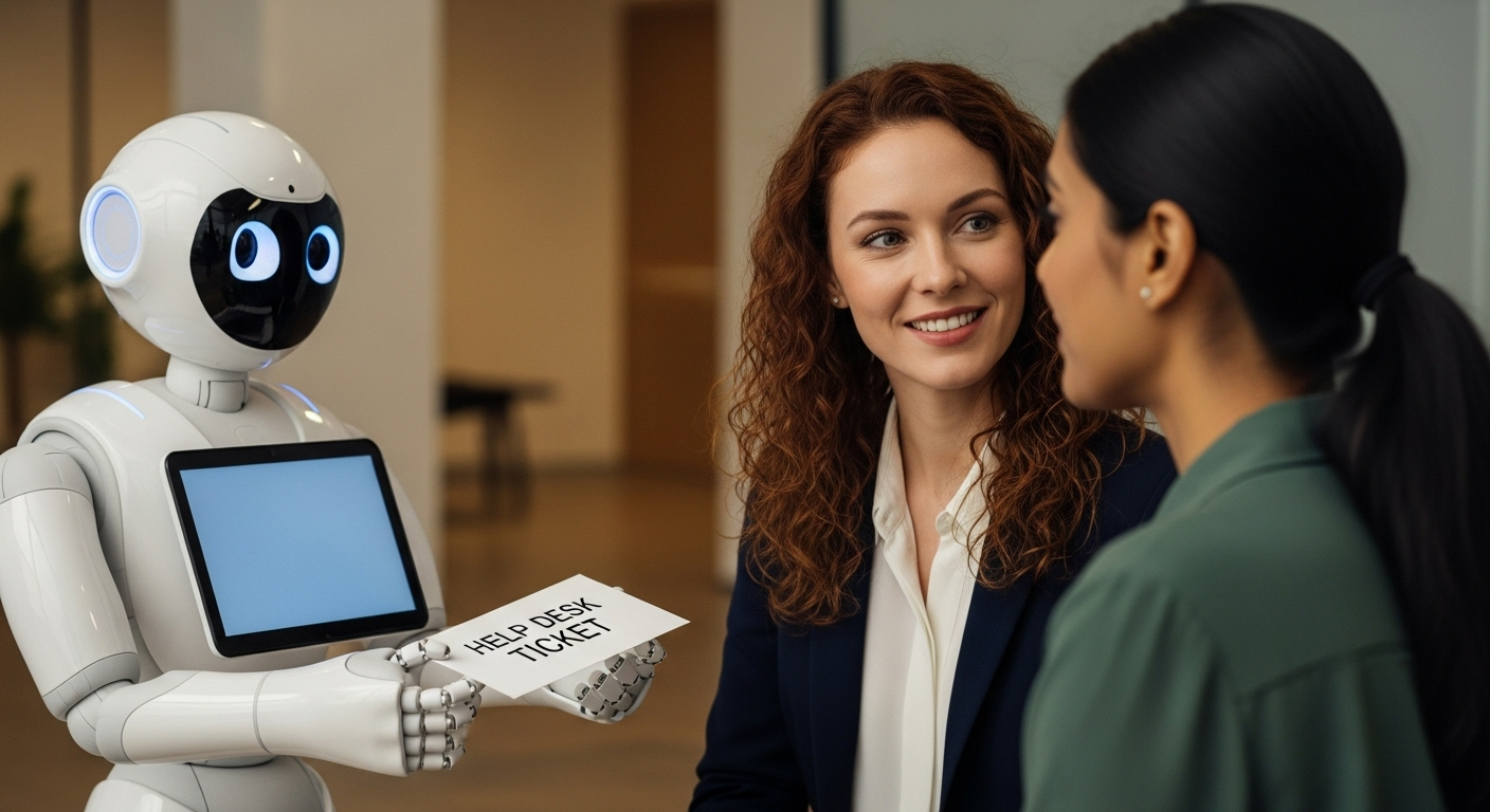 Um chatbot amigável entregando uma tarefa simples para um atendente humano, que pode então focar em uma conversa mais complexa e empática com um cliente.