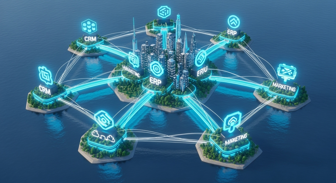 Várias ilhas com logos de softwares (CRM, ERP) sendo conectadas por pontes de luz.