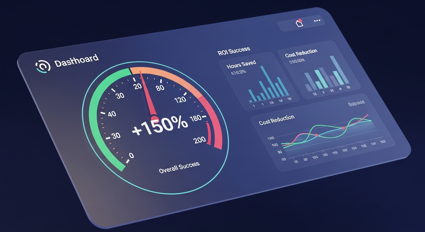 Um dashboard mostrando o cálculo do ROI de um projeto de automação, com um resultado positivo em destaque.