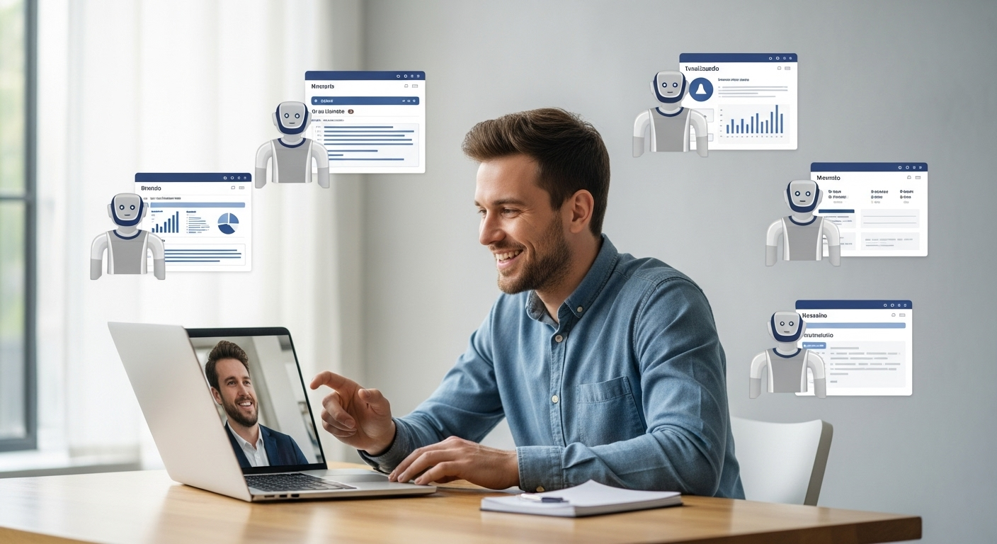 Vendedor focando em um cliente, enquanto tarefas administrativas são automatizadas ao fundo.