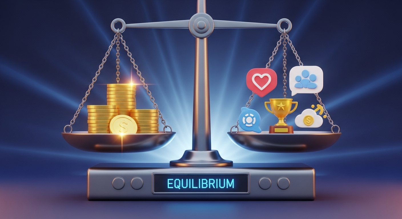 Balança a equilibrar ganhos tangíveis (dinheiro) e ganhos intangíveis (satisfação do cliente).