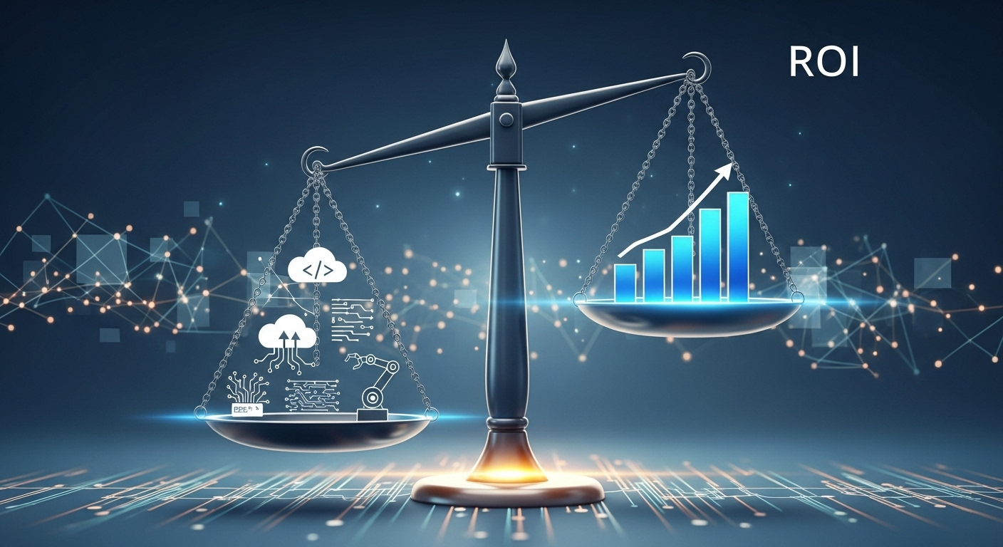 Gráfico de Retorno Sobre o Investimento (ROI) a crescer a partir de ícones de tecnologia.
