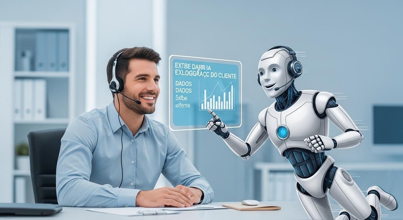 Um atendente humano sorrindo ao lado de um robô amigável, ambos com headsets, trabalhando em equipe para atender clientes.