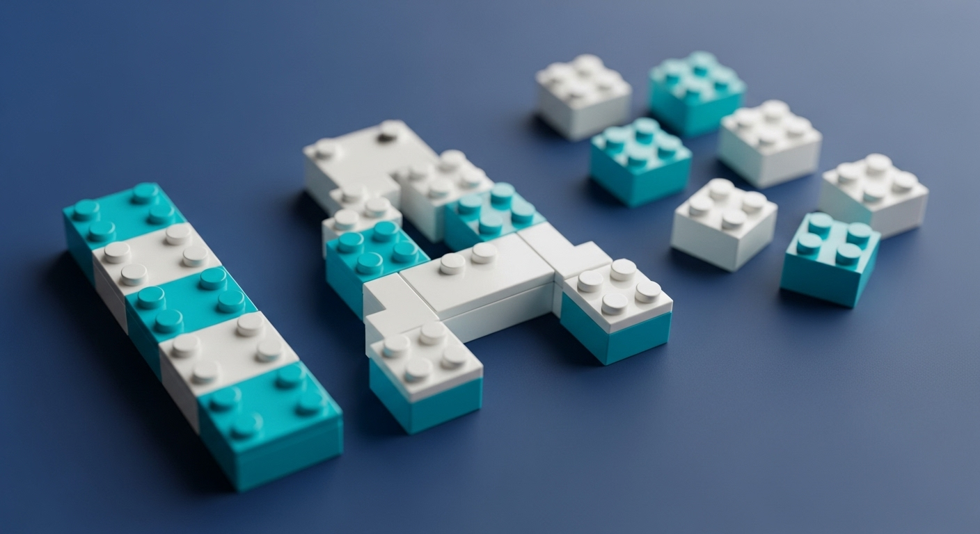Peças de Lego ou blocos de construção formando a sigla IA, simbolizando a modularidade e acessibilidade da tecnologia.