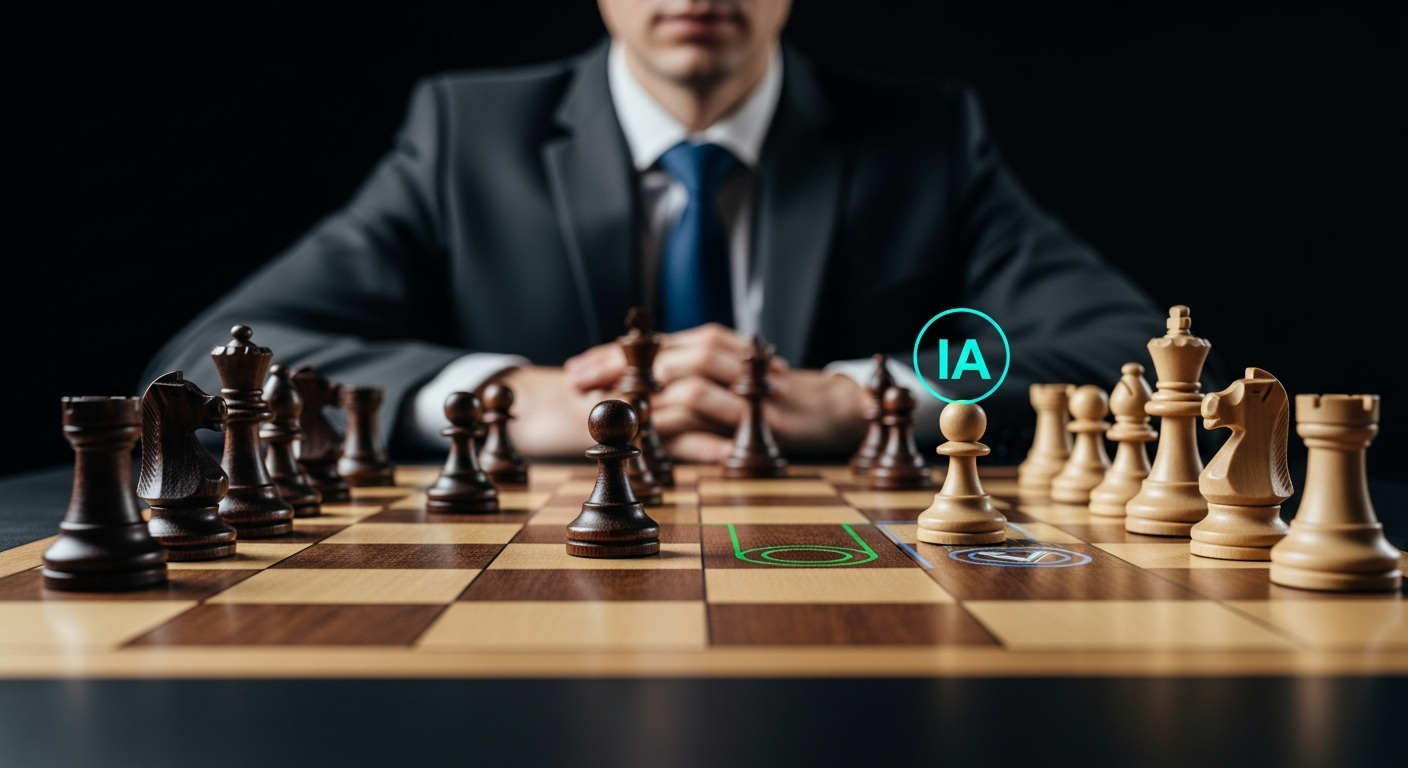 Um gestor olhando para um tabuleiro de xadrez holográfico, onde peças de IA mostram os movimentos mais estratégicos.
