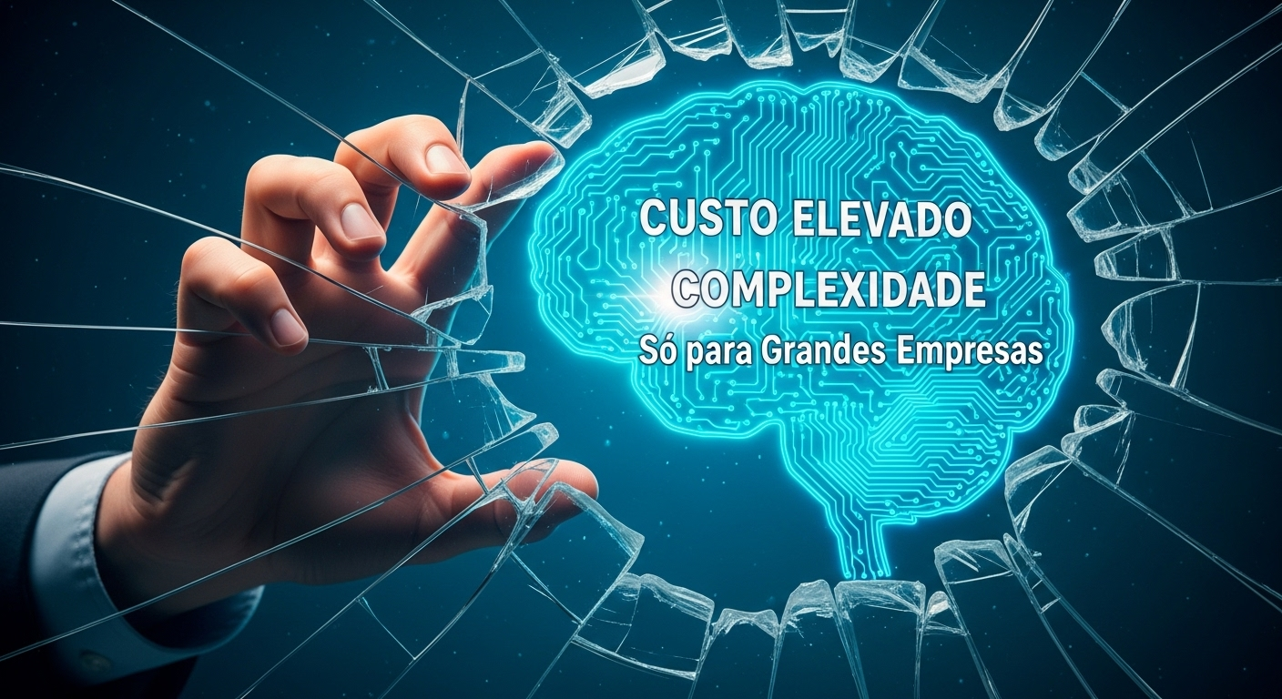 Uma mão quebrando uma barreira de vidro onde estão escritos mitos sobre IA, revelando um cérebro digital brilhante.