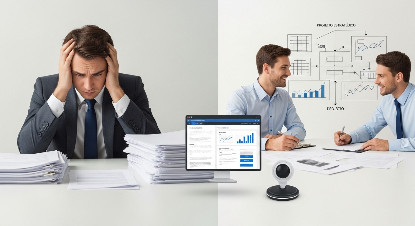 Robô de software organizando pilhas de documentos digitais e inserindo dados em sistemas, liberando um funcionário humano para uma tarefa estratégica.