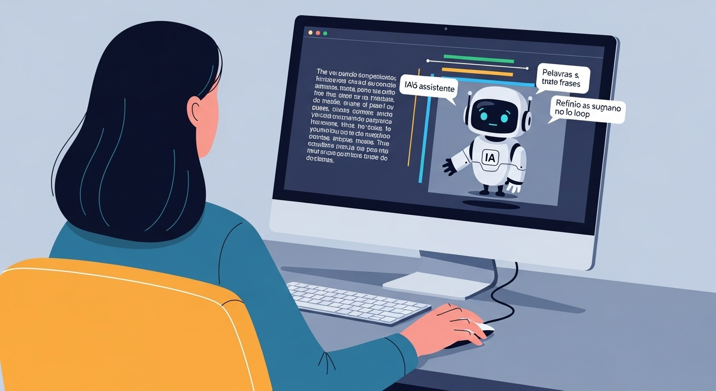 Uma pessoa refinando um texto em uma tela, com um pequeno ícone de IA ao lado sugerindo edições.