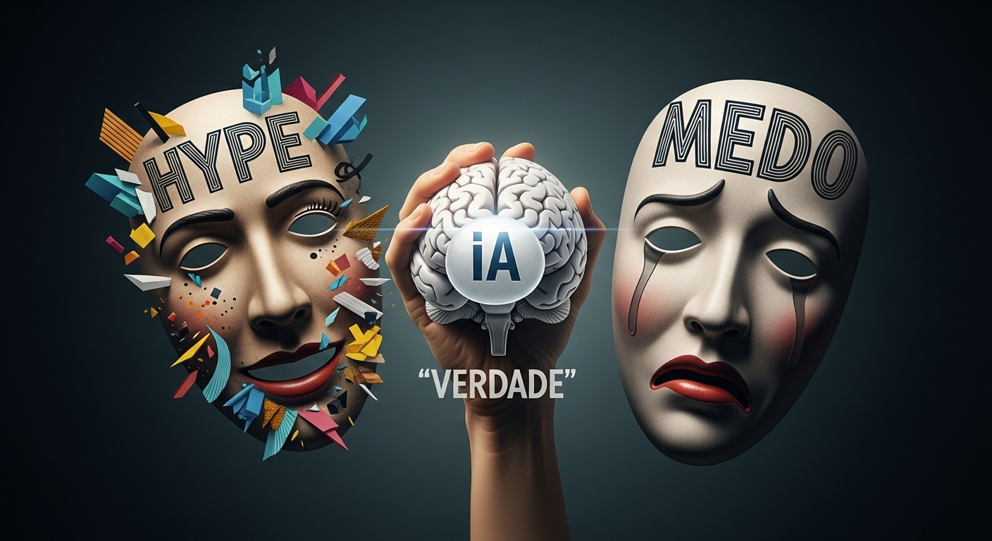 Máscaras de teatro (comédia e tragédia) com circuitos de IA, representando os dois lados da percepção sobre a IA Generativa.