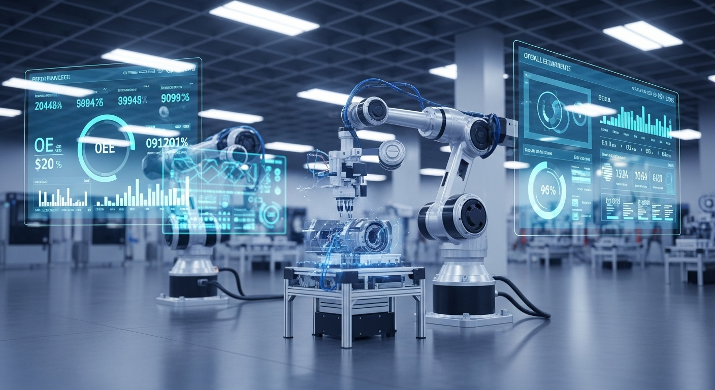 Braço robótico em uma linha de produção trabalhando em conjunto com uma interface de IA que exibe dados e análises em tempo real.
