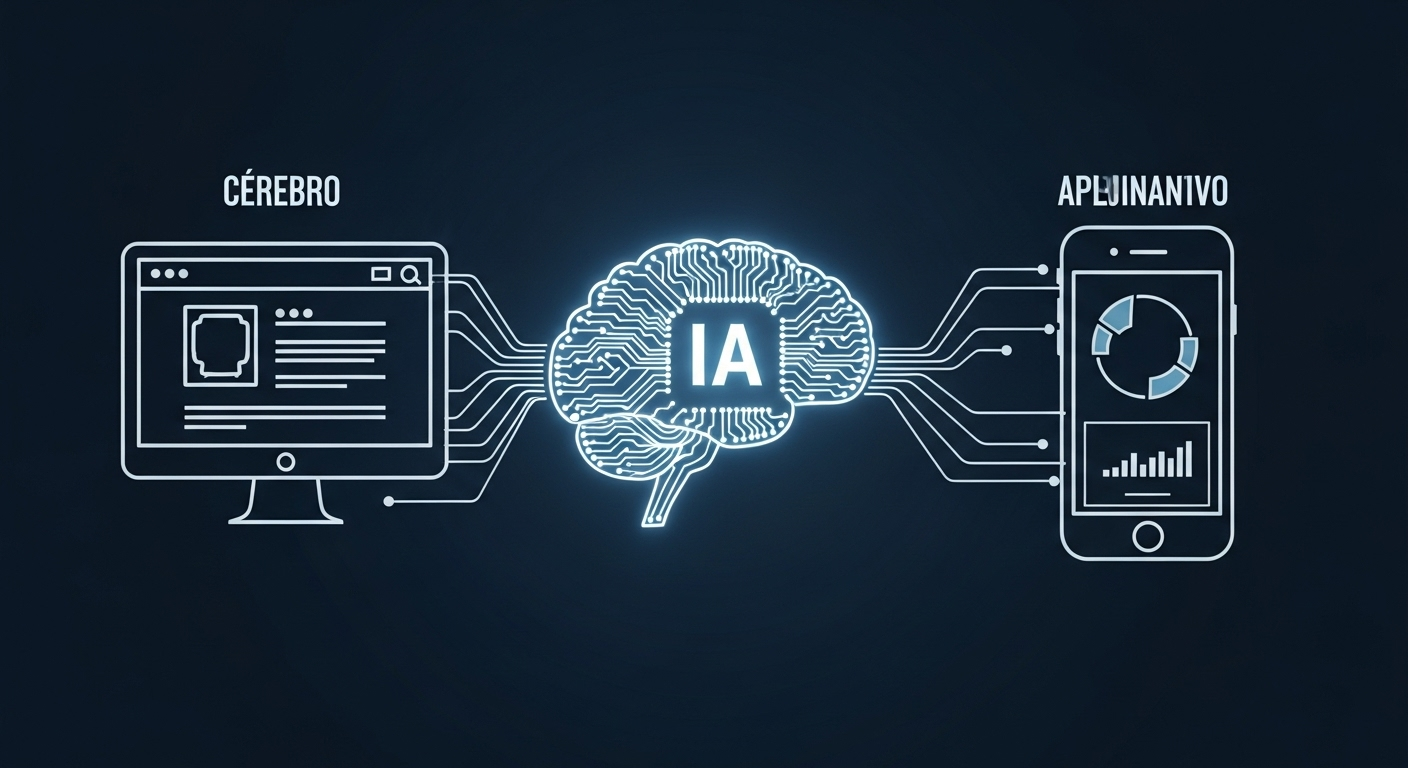 Um smartphone e uma tela de navegador com um cérebro de IA no centro, enviando funcionalidades inteligentes para ambos.