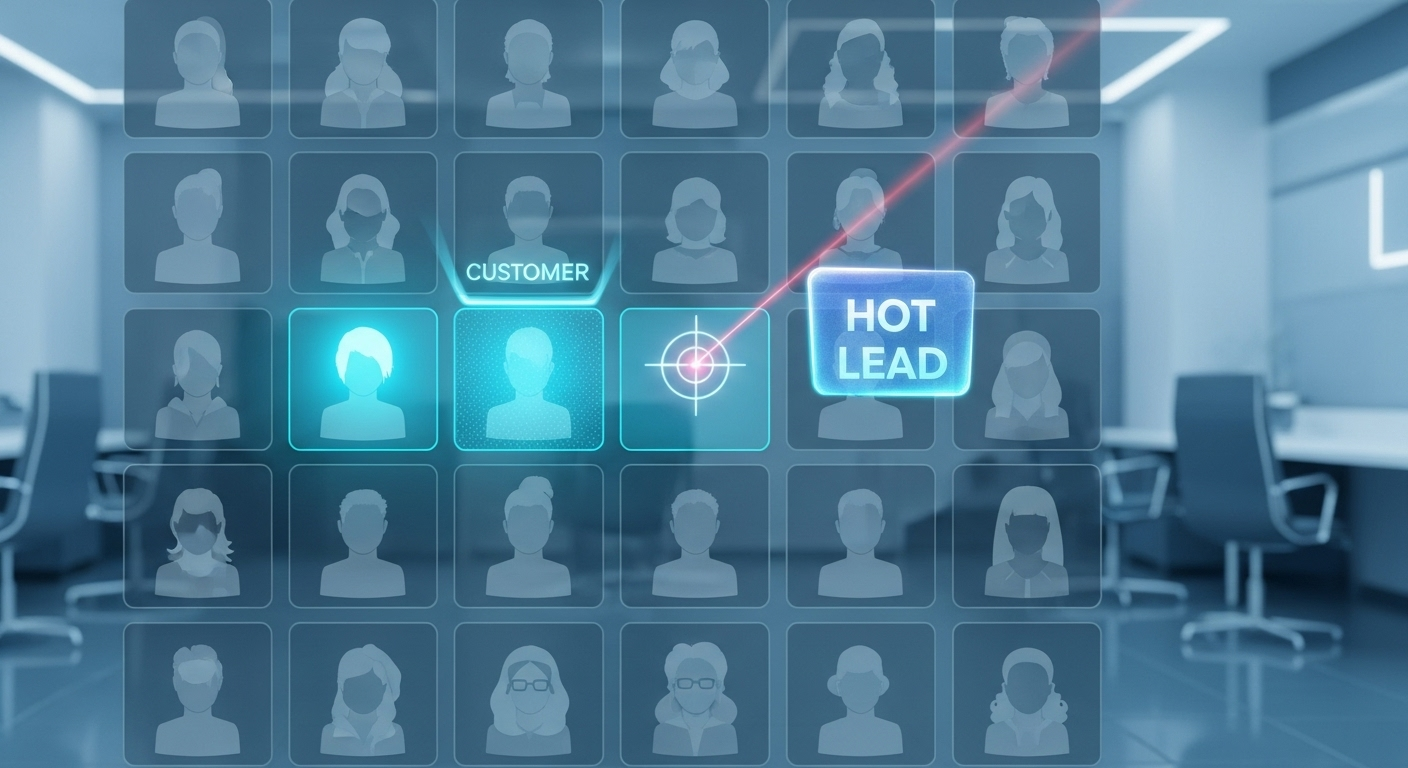 Um painel mostrando vários perfis de clientes, com alguns destacados em ciano brilhante como 'leads quentes'.