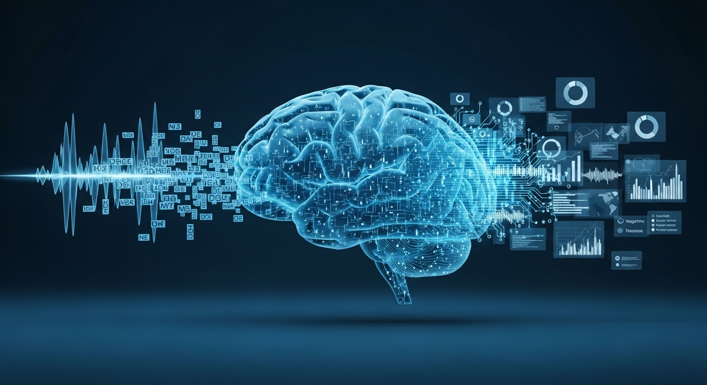 Um cérebro de IA analisando e decodificando ondas sonoras e blocos de texto, traduzindo-os em dados estruturados.
