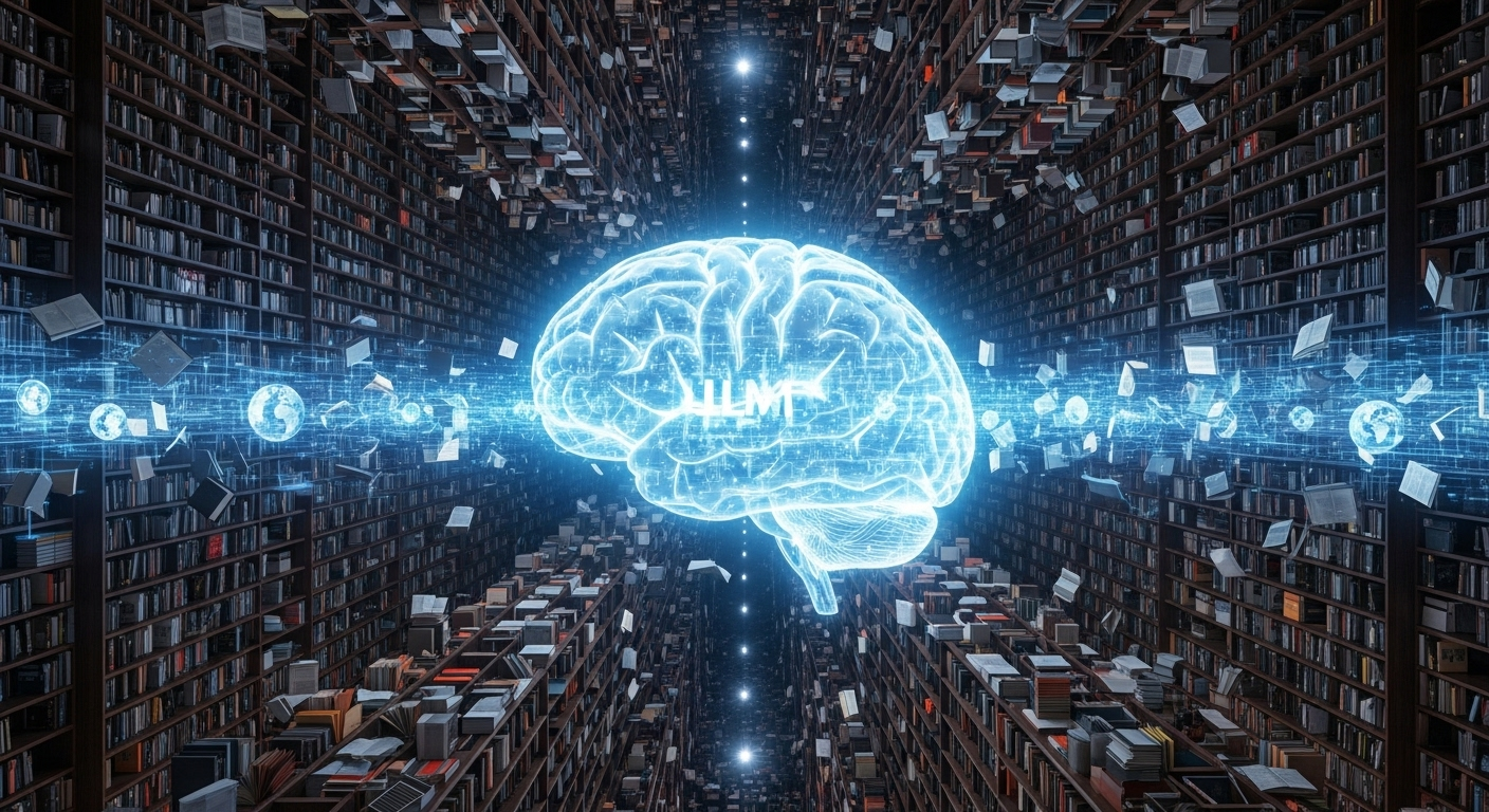 Um grande cérebro digital cercado por uma biblioteca infinita de livros e dados, representando o treinamento de um LLM.