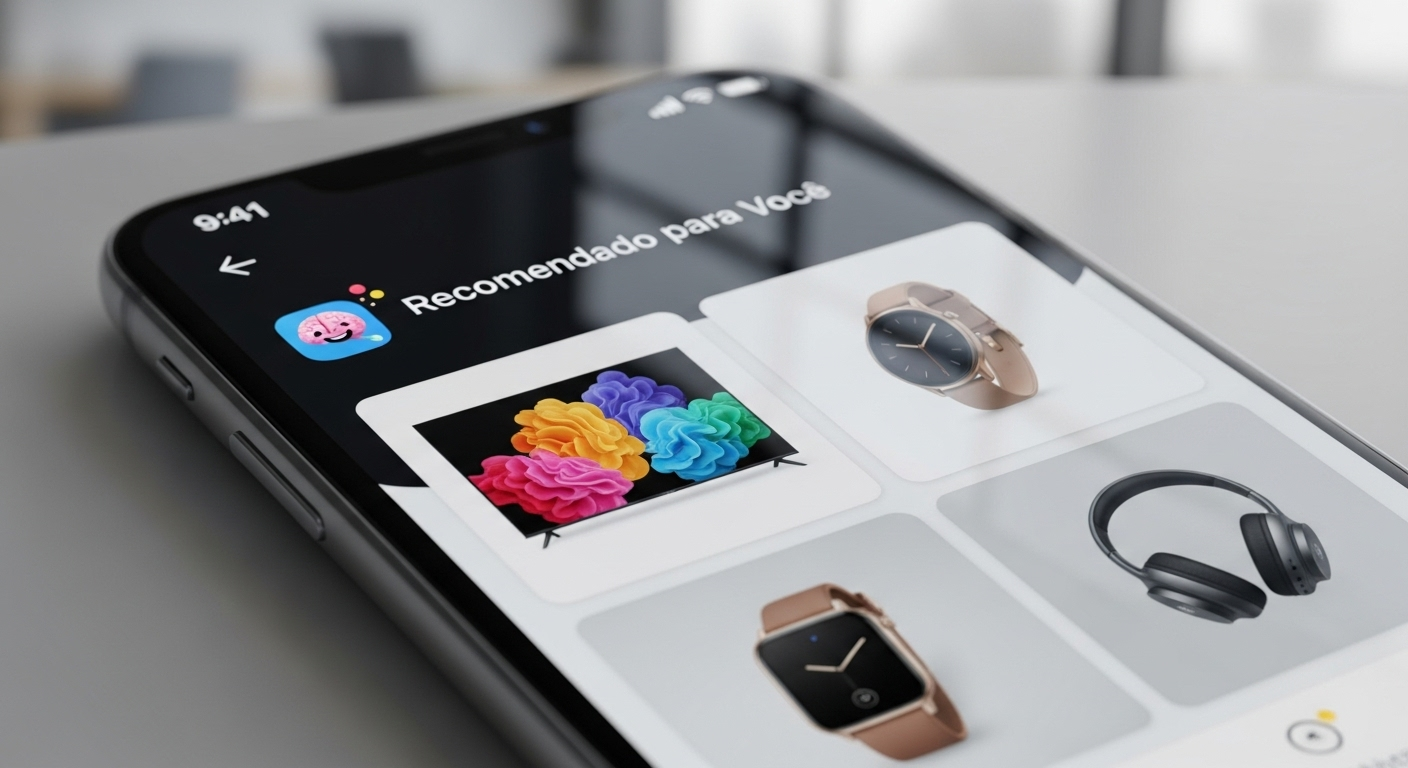 Tela de um e-commerce mostrando uma seção de 'Recomendado para Você' com produtos personalizados por IA.
