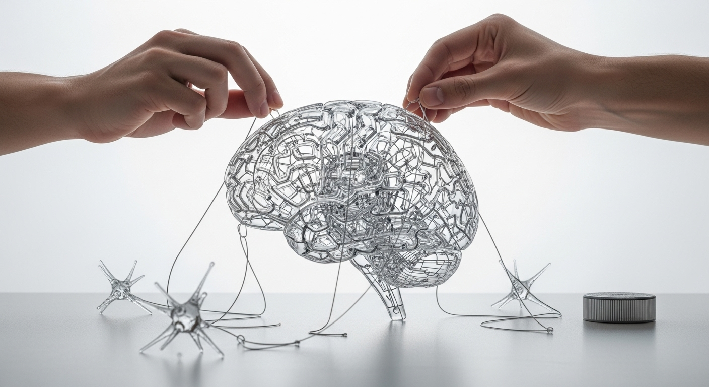 Um cérebro de IA sendo cuidadosamente construído por mãos humanas usando peças transparentes, simbolizando a transparência e o cuidado na criação de algoritmos.