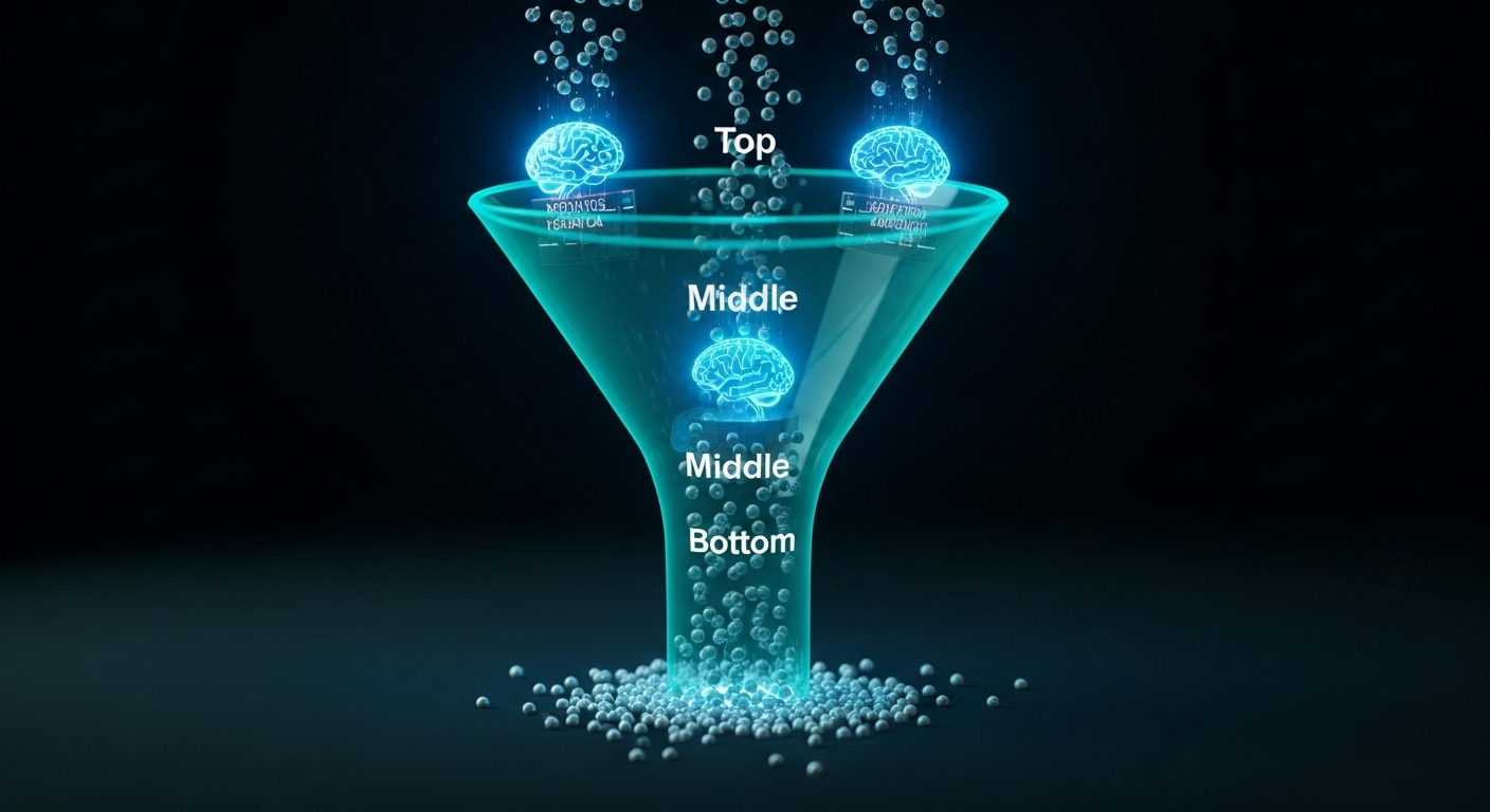 Um funil de vendas digital e brilhante, onde a IA atua em cada etapa, otimizando o processo.