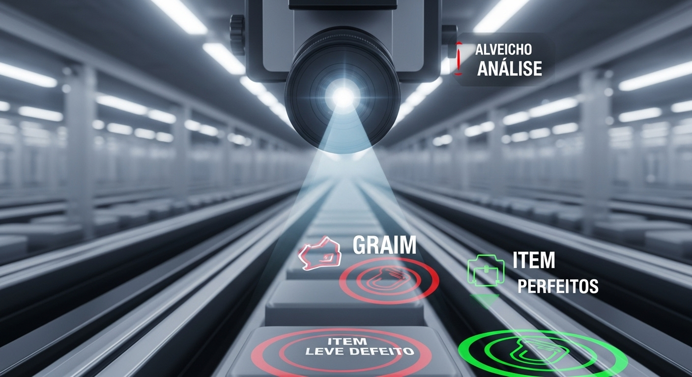 Um olho robótico de alta tecnologia analisando uma esteira de produção e identificando produtos com precisão.