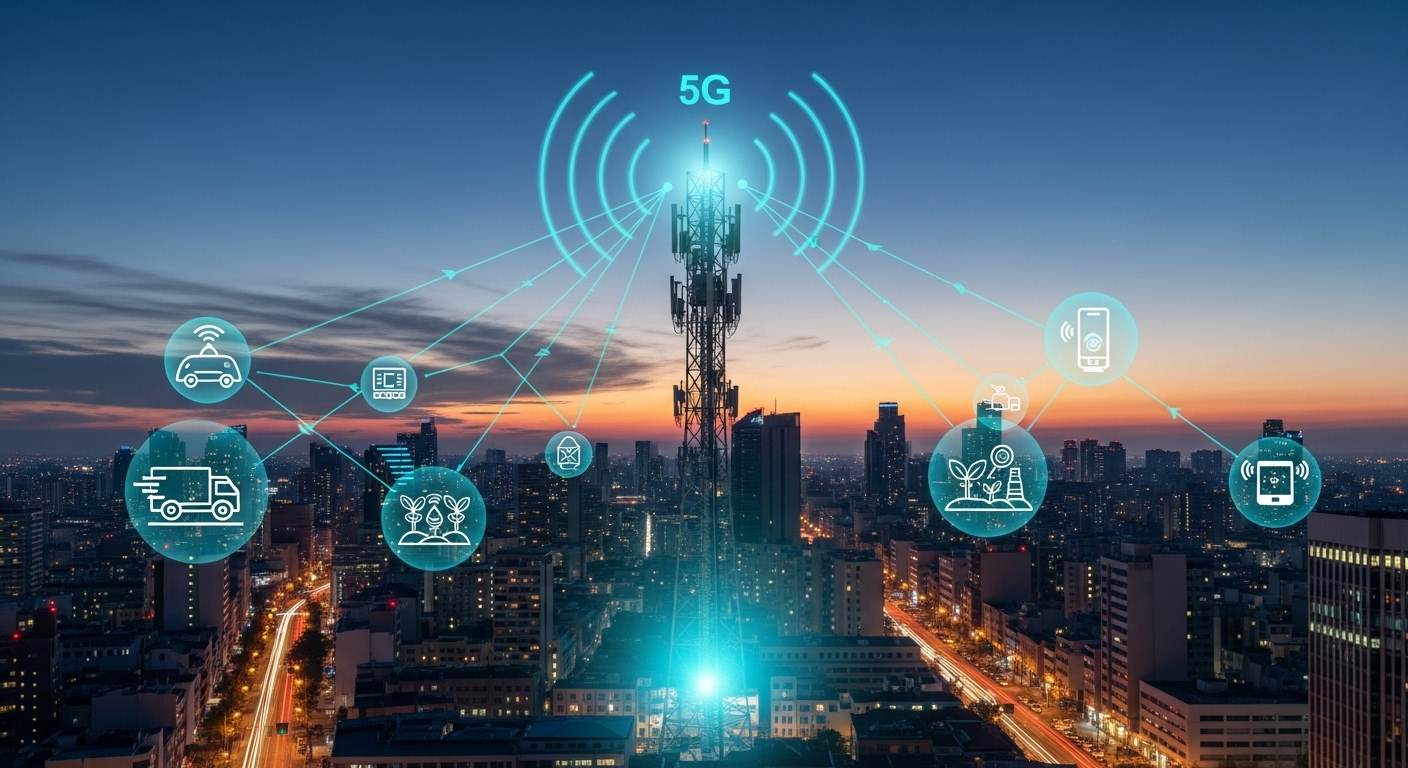 Torre 5G conectando dispositivos IoT em uma cidade.