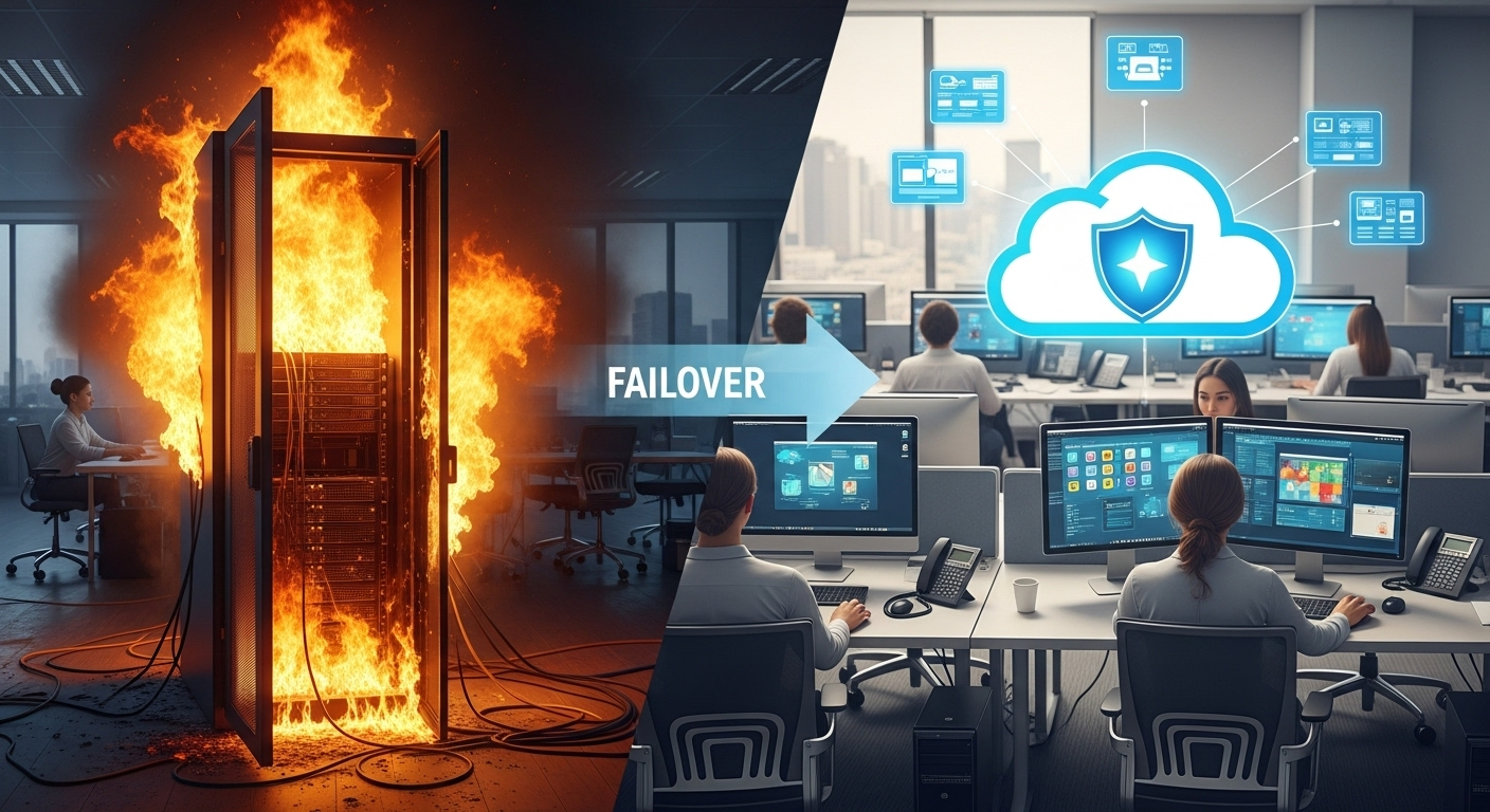 Escritório a operar normalmente enquanto um desastre (incêndio) afeta o servidor físico, graças à recuperação na nuvem.