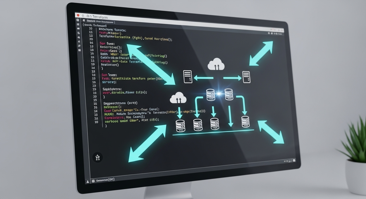 Código numa tela a construir automaticamente uma infraestrutura de nuvem.