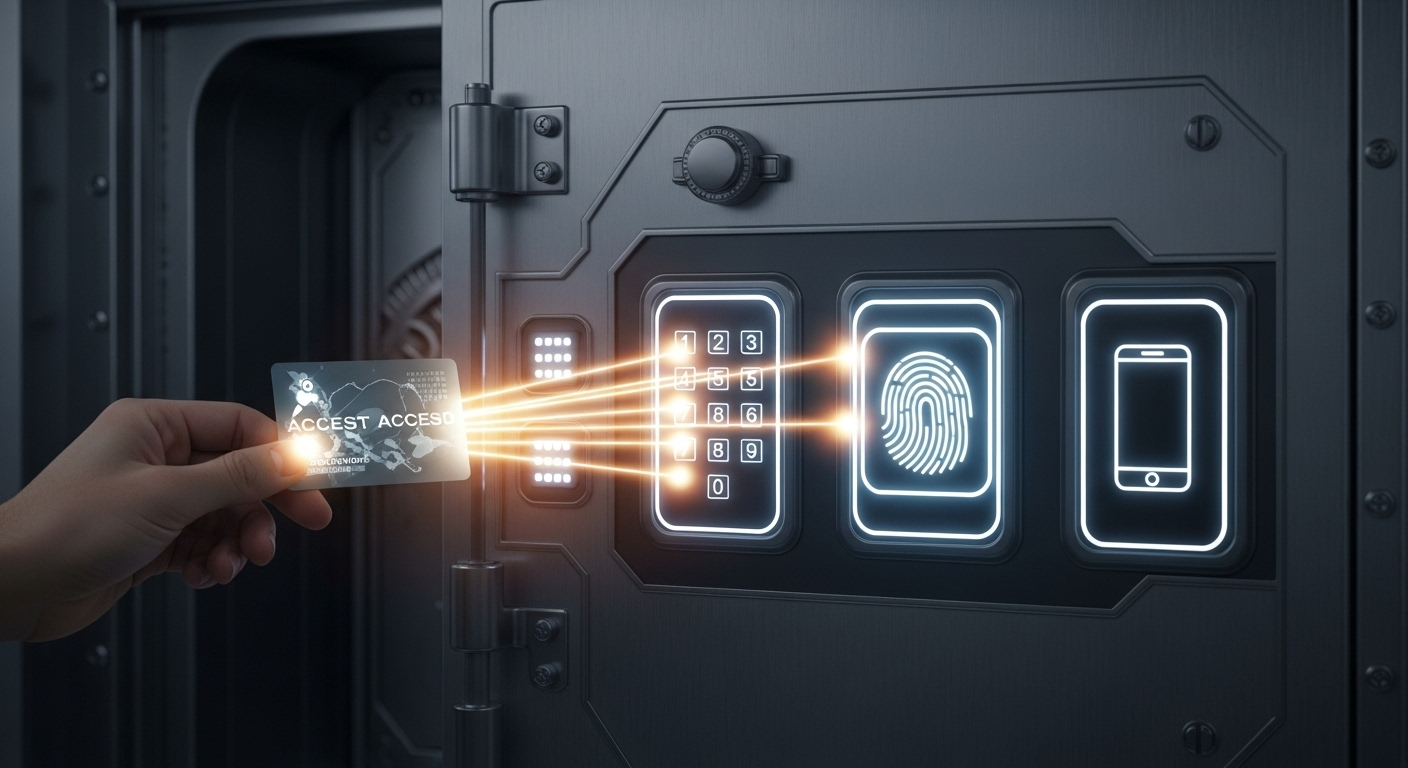 Chave digital abrindo uma porta de cofre com múltiplos cadeados.