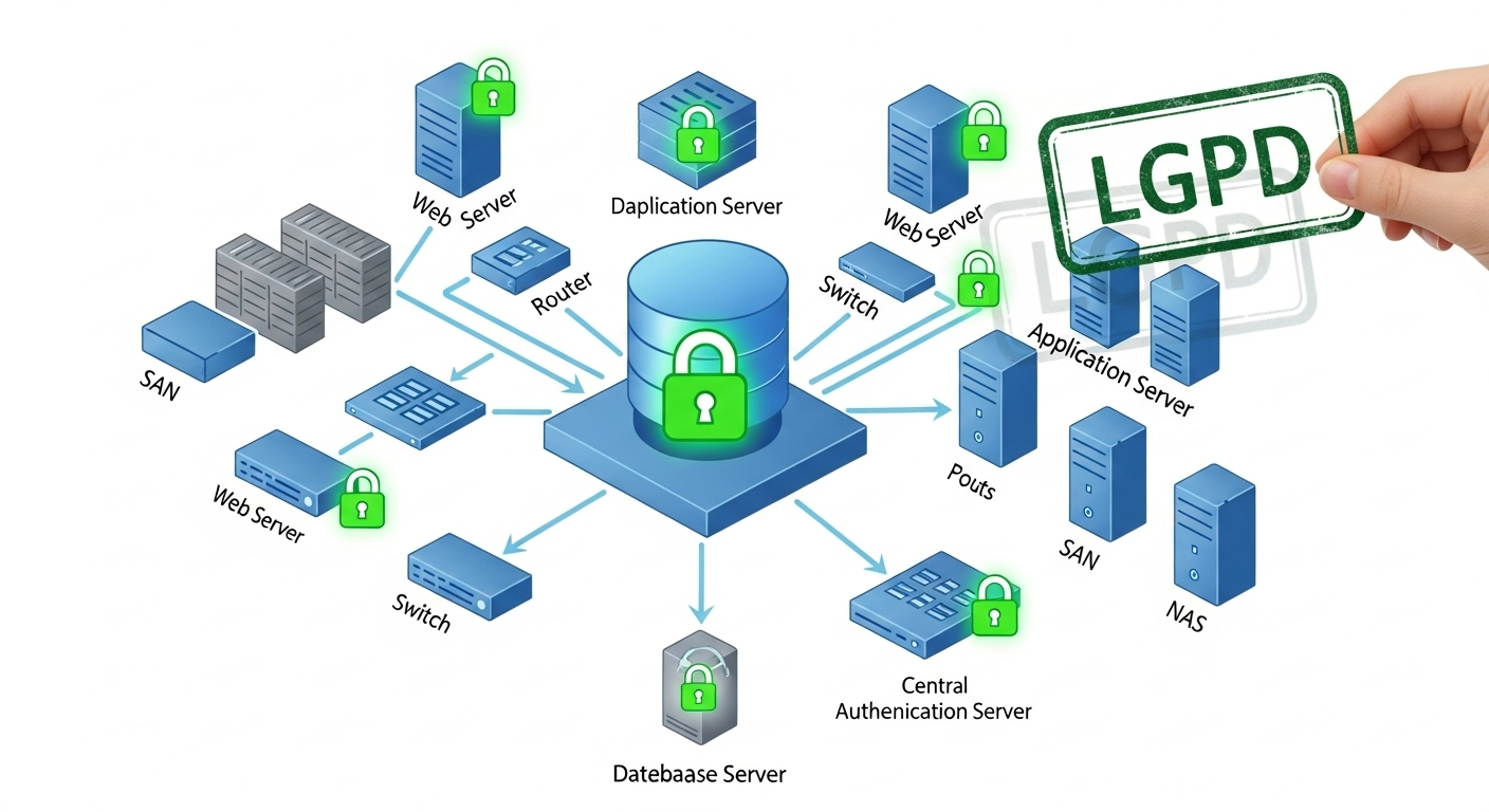 Mapa de uma infraestrutura de TI com cadeados e selos de conformidade LGPD em pontos críticos.