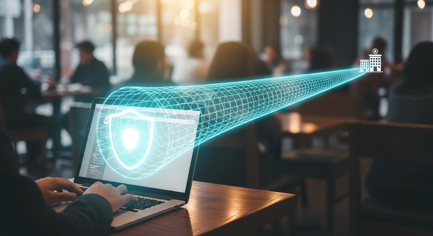 Usuário remoto conectado à rede do escritório por um túnel de VPN seguro.