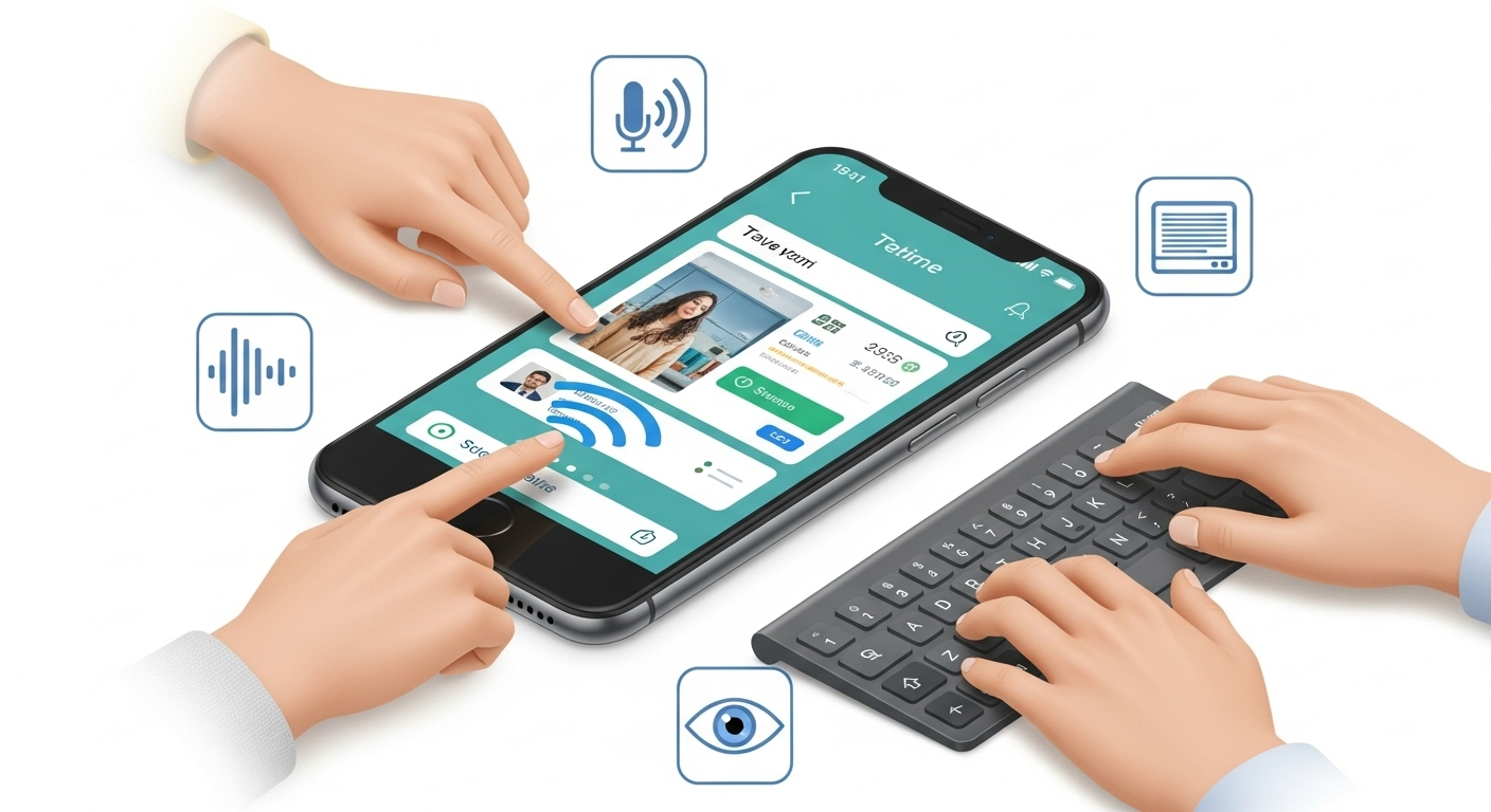 Interface de um aplicativo sendo acessada de múltiplas formas: por toque, por voz e por leitor de tela.