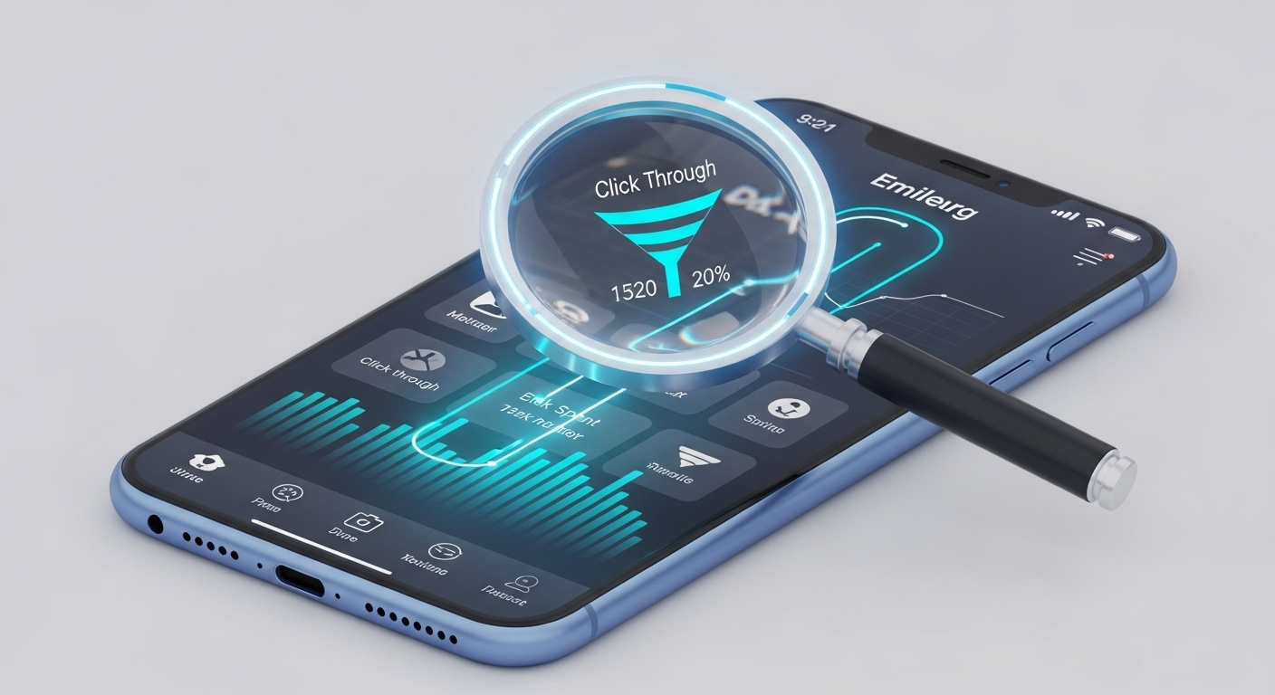 Lupa analisando a jornada de um usuário dentro de um aplicativo.