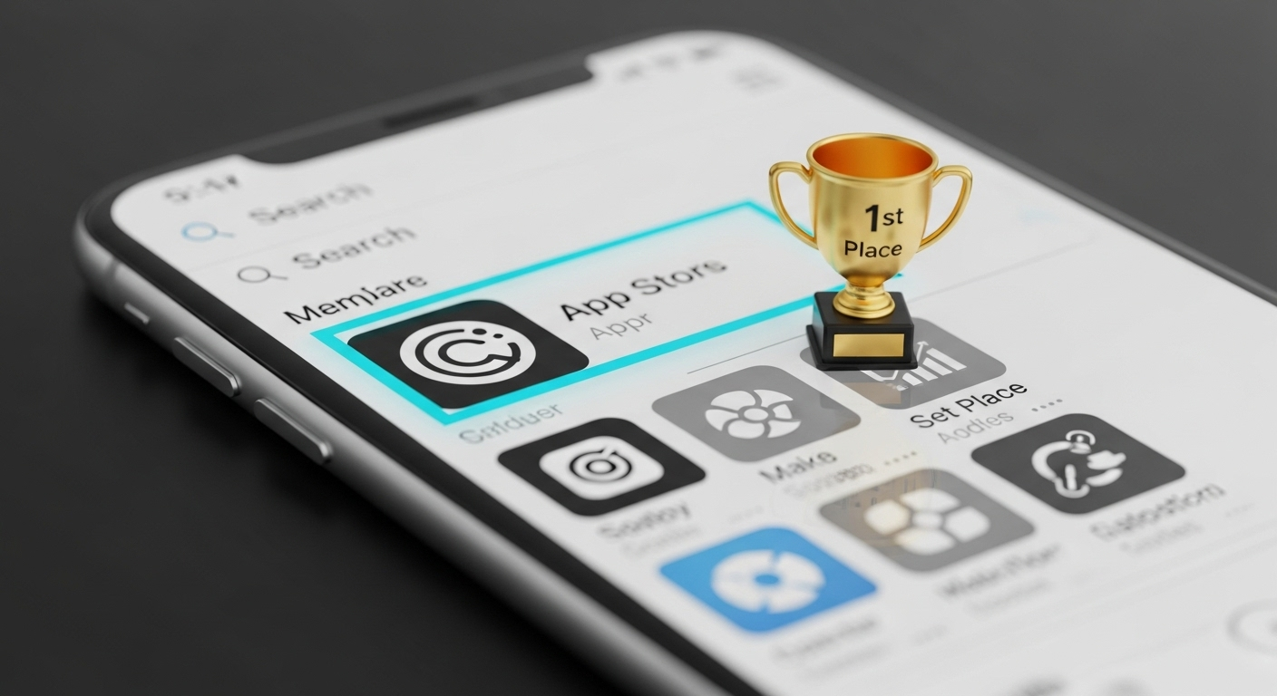 Celular mostrando um aplicativo em primeiro lugar nos resultados de busca da app store.