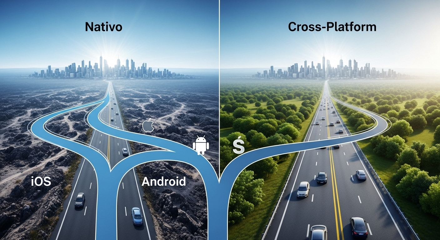 Estrada se dividindo nos caminhos de desenvolvimento Nativo e Cross-Platform.