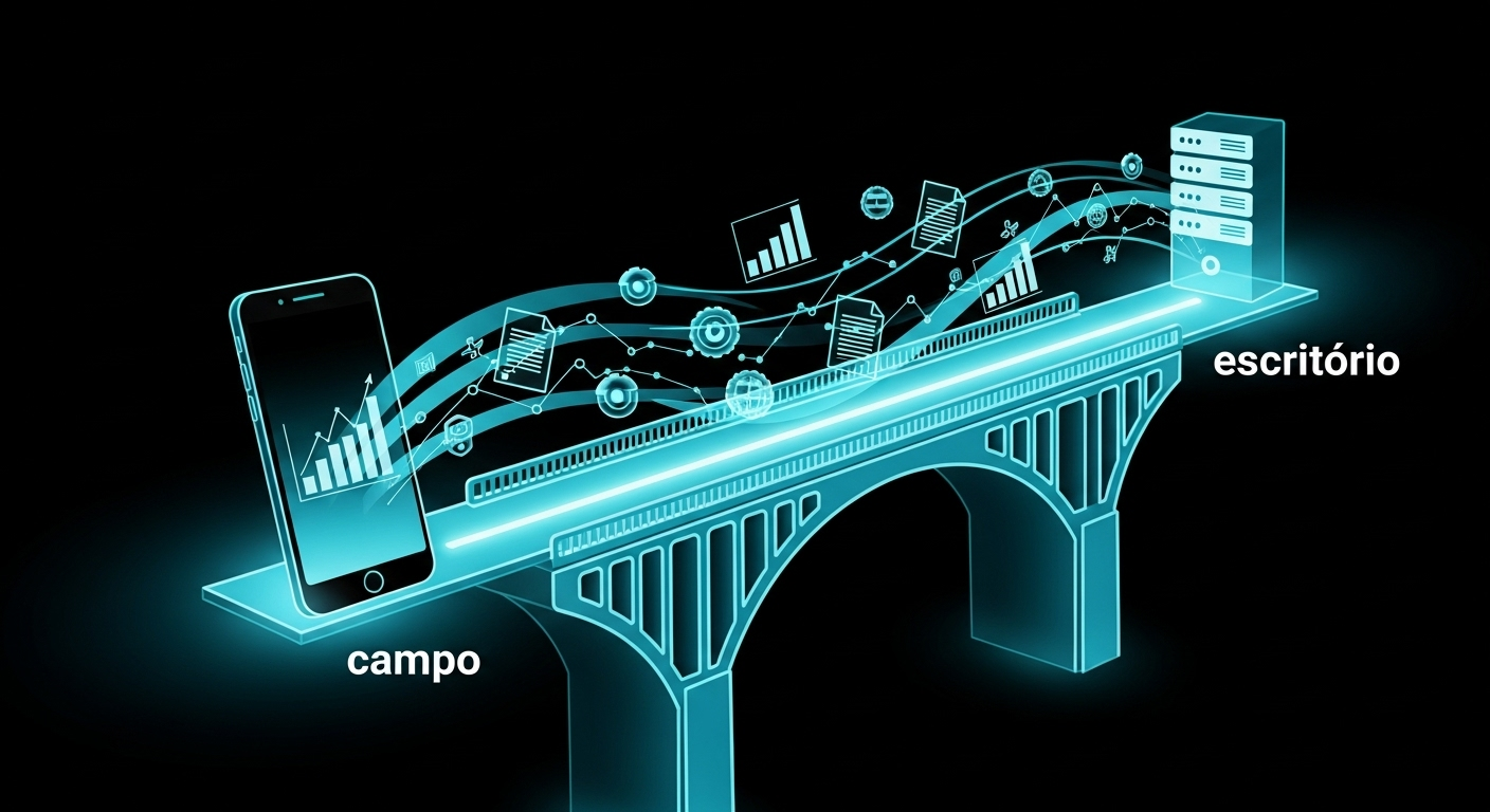 Ponte digital conectando um smartphone em campo a um servidor de dados no escritório.