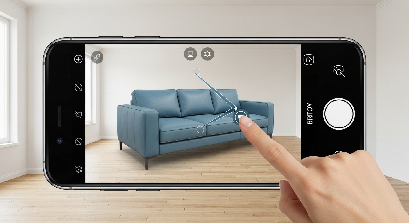 Pessoa usando um smartphone para visualizar um sofá em 3D em sua própria sala de estar.