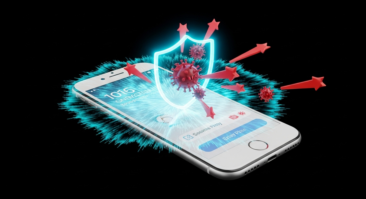 Smartphone sendo protegido por um escudo digital.