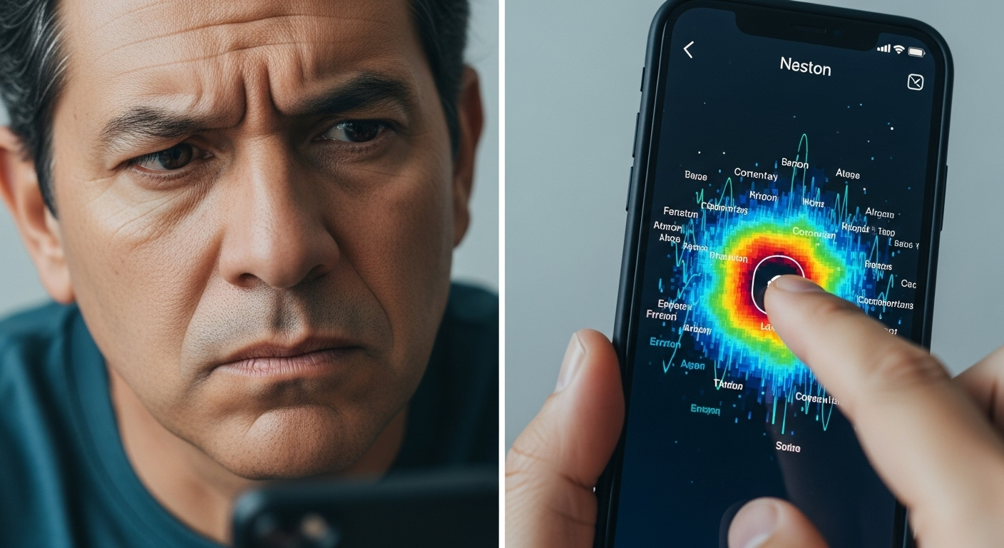 Pessoa com expressão de frustração olhando para um celular, com um mapa de calor mostrando seus cliques confusos na tela.