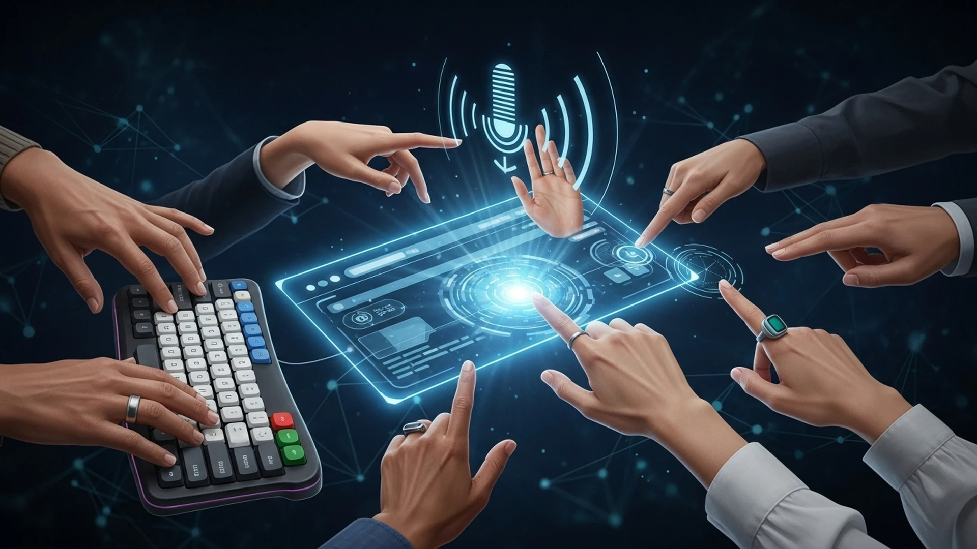 Mãos diversas interagindo com uma interface de site acessível.