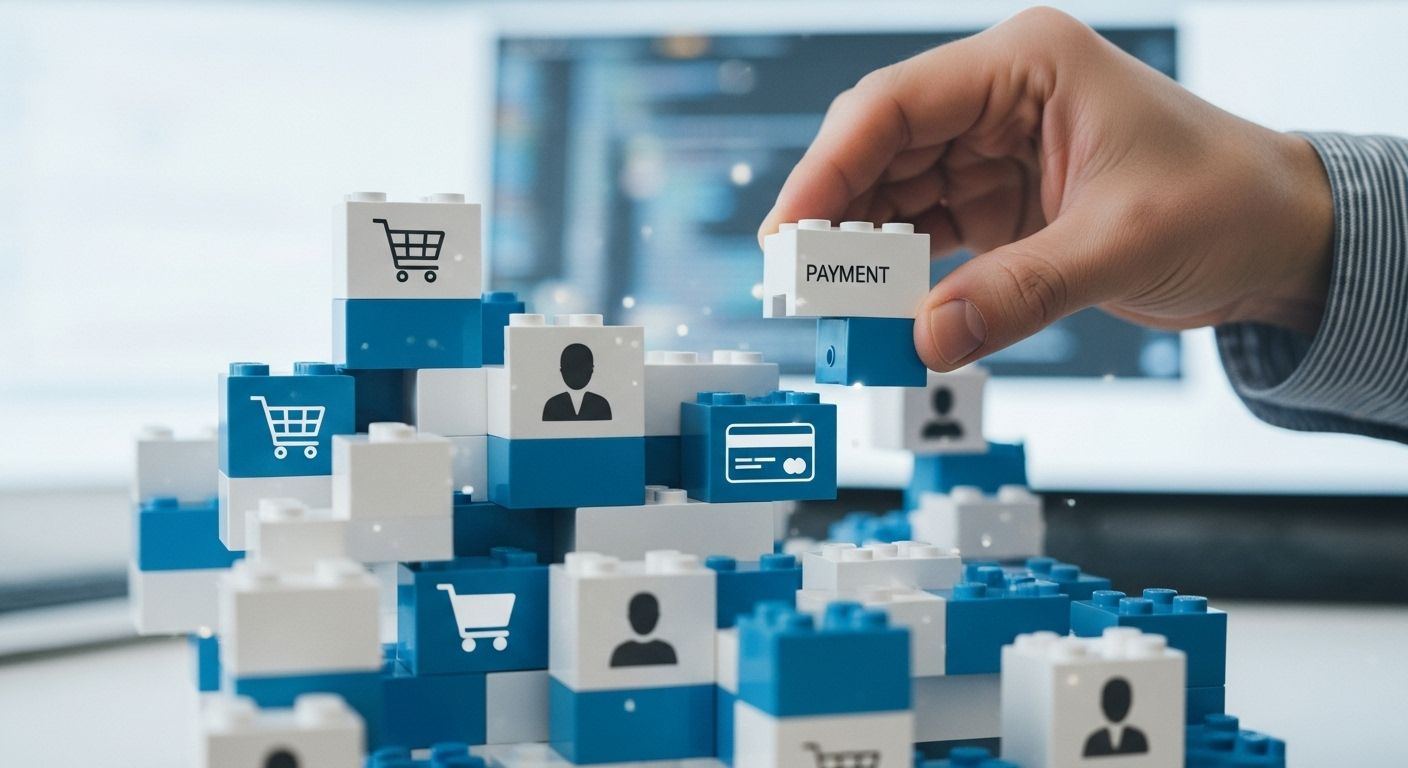 Aplicação web como blocos de Lego, simbolizando a arquitetura de microserviços.