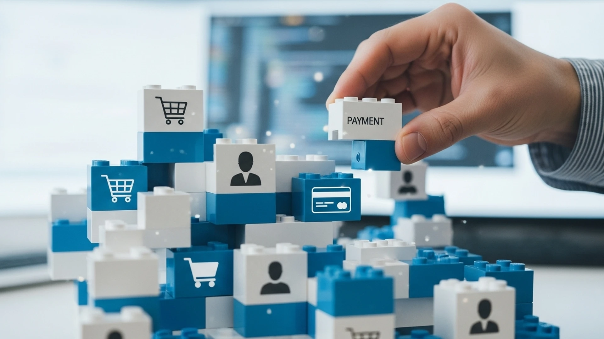 Aplicação web como blocos de Lego, simbolizando a arquitetura de microserviços.