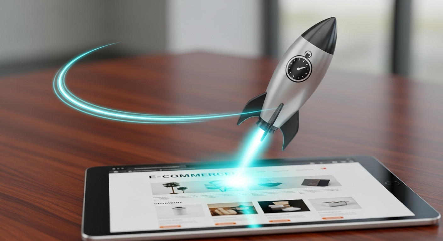 Um cronómetro sobreposto a uma página de e-commerce, simbolizando a importância da velocidade para as vendas.