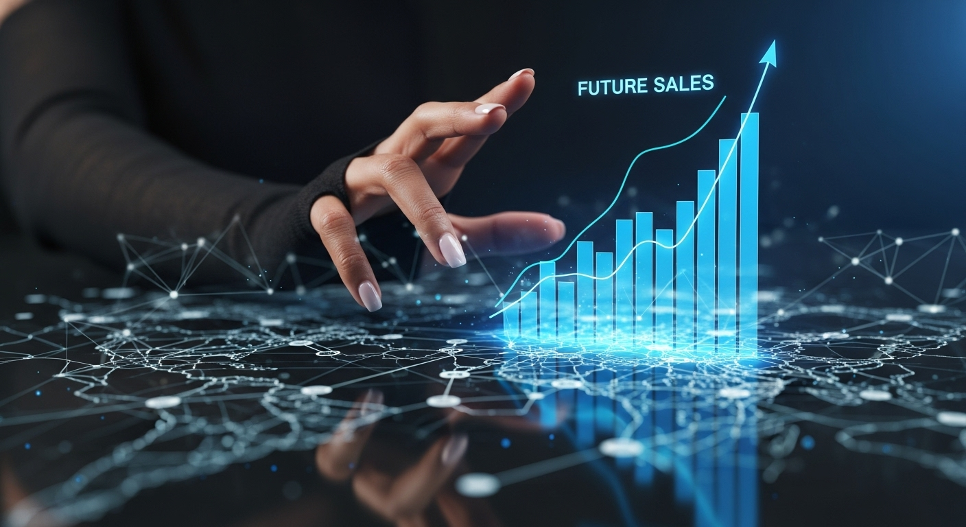 Mão sobre um mapa de dados da qual emerge uma projeção holográfica de um gráfico de vendas futuro.