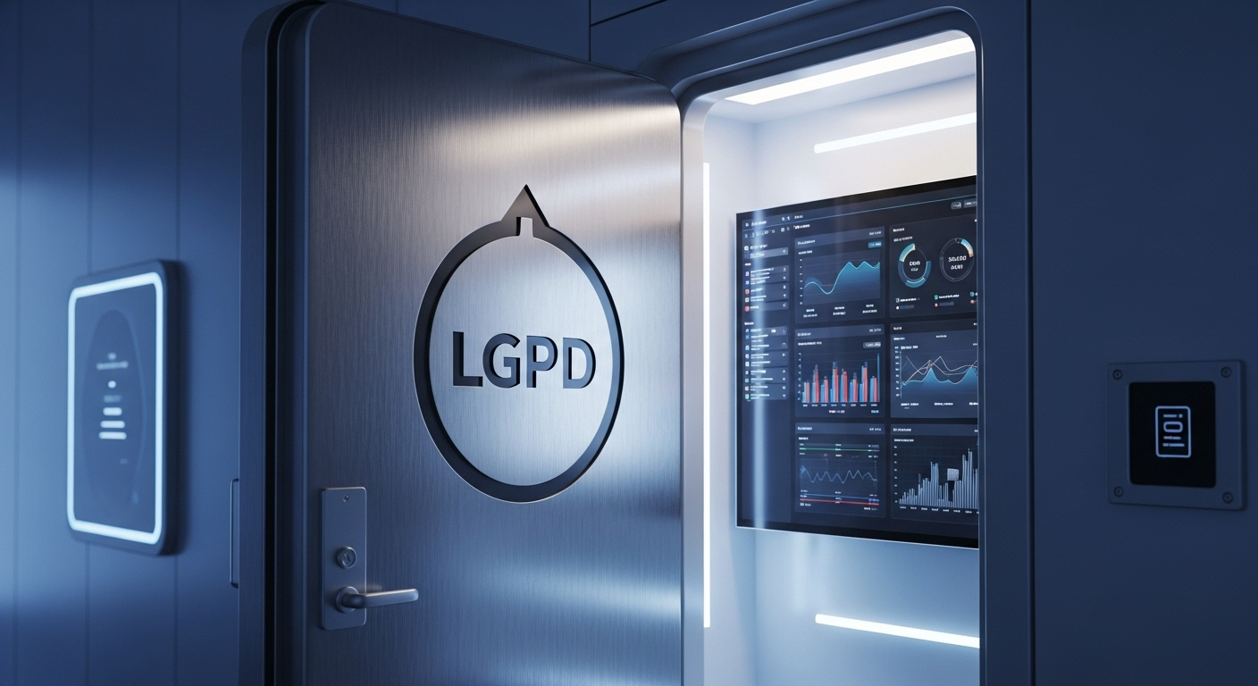 Dashboard de BI digital protegido por um escudo de energia translúcido com a sigla LGPD.