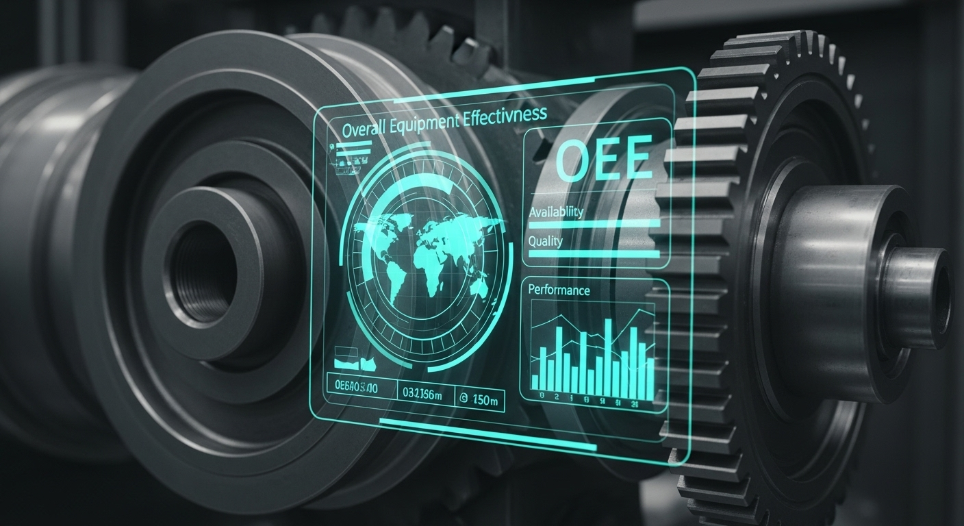 Engrenagem industrial em movimento com uma interface holográfica sobreposta exibindo métricas de OEE.
