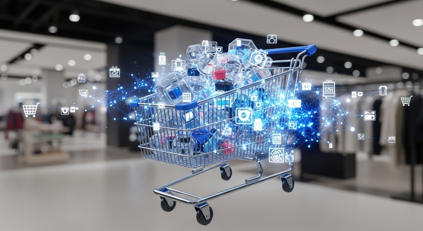 Carrinho de compras translúcido com ícones de produtos digitais conectados por linhas de dados, representando a análise de cesta de compras.