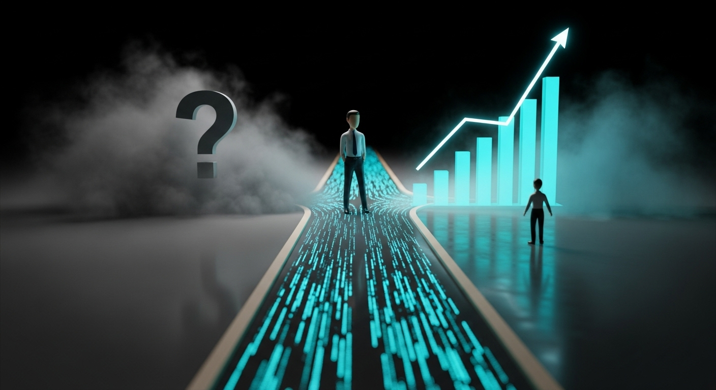 Bifurcação em um caminho de negócios, contrastando um lado nebuloso com um lado nítido e iluminado por uma trilha de dados.