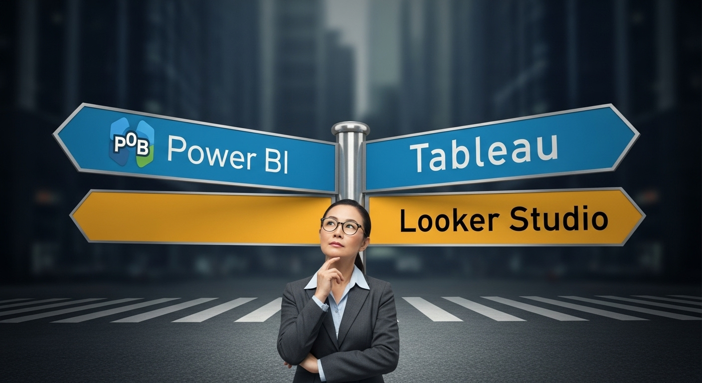 Gestor analisando três caixas de ferramentas digitais diferentes, representando a escolha entre Power BI, Tableau e Looker Studio.