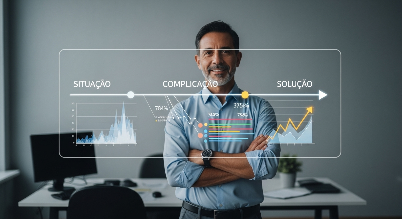 Apresentador mostrando em uma tela uma linha do tempo com gráficos que contam uma história de superação de um problema através dos dados.