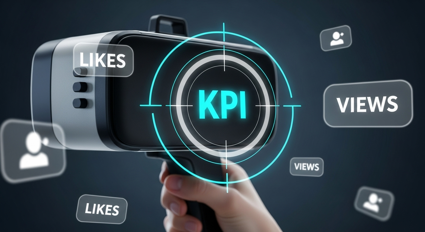 Mira de alta tecnologia focada em um alvo digital com a sigla KPI, enquanto outras métricas desfocadas flutuam ao redor.