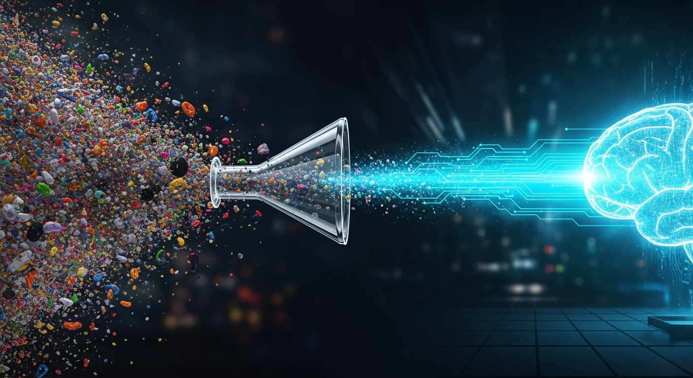 Funil tecnológico filtrando dados caóticos e transformando-os em um fluxo de dados limpo e organizado.